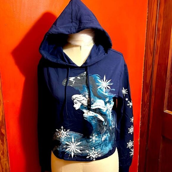 Disney Frozen II Cropped Elsa Navy Sweatshirt Sz M - Picture 1 of 4